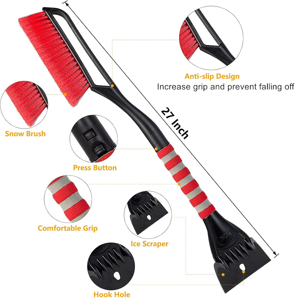 FOVAL 27" Snow Brush with Wider Ice Scraper (4.73" Width)(2 Pack), Snow Removal Car Brush with Comfortable Foam Grip for Cars, Trucks, SUVs, Windshield (Heavy Duty ABS, PVC Brush)