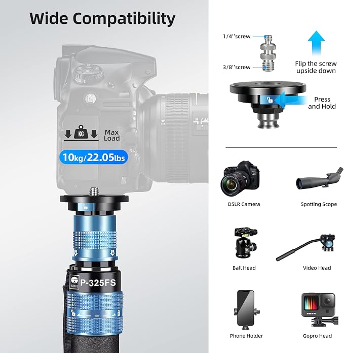 SIRUI P-325FS Monopod with Feet, Max Load 22lbs, 360° Panorama, Quick Release