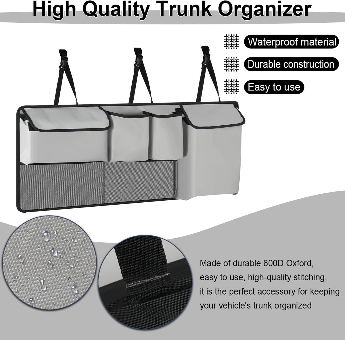 UYYE Trunk Hanging Organizer, Backseat Storage Bag, Collapsible Car Interior Accessories with 4 Pockets & 2 Mesh Pouches for Tools, Provide More Storage Trunk Space for SUV, Jeep, MPVs (Light Grey)