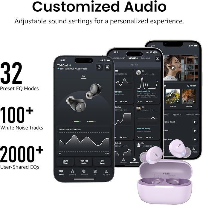 TOZO A1 Wireless Earbuds Bluetooth 5.3 Light Weight in Ear Headphones | IPX5 Waterproof, 2 Mics for AI Calls, Immersive Premium Sound Bass Ear buds with Charging Case, 32 Presets EQ via TOZO App