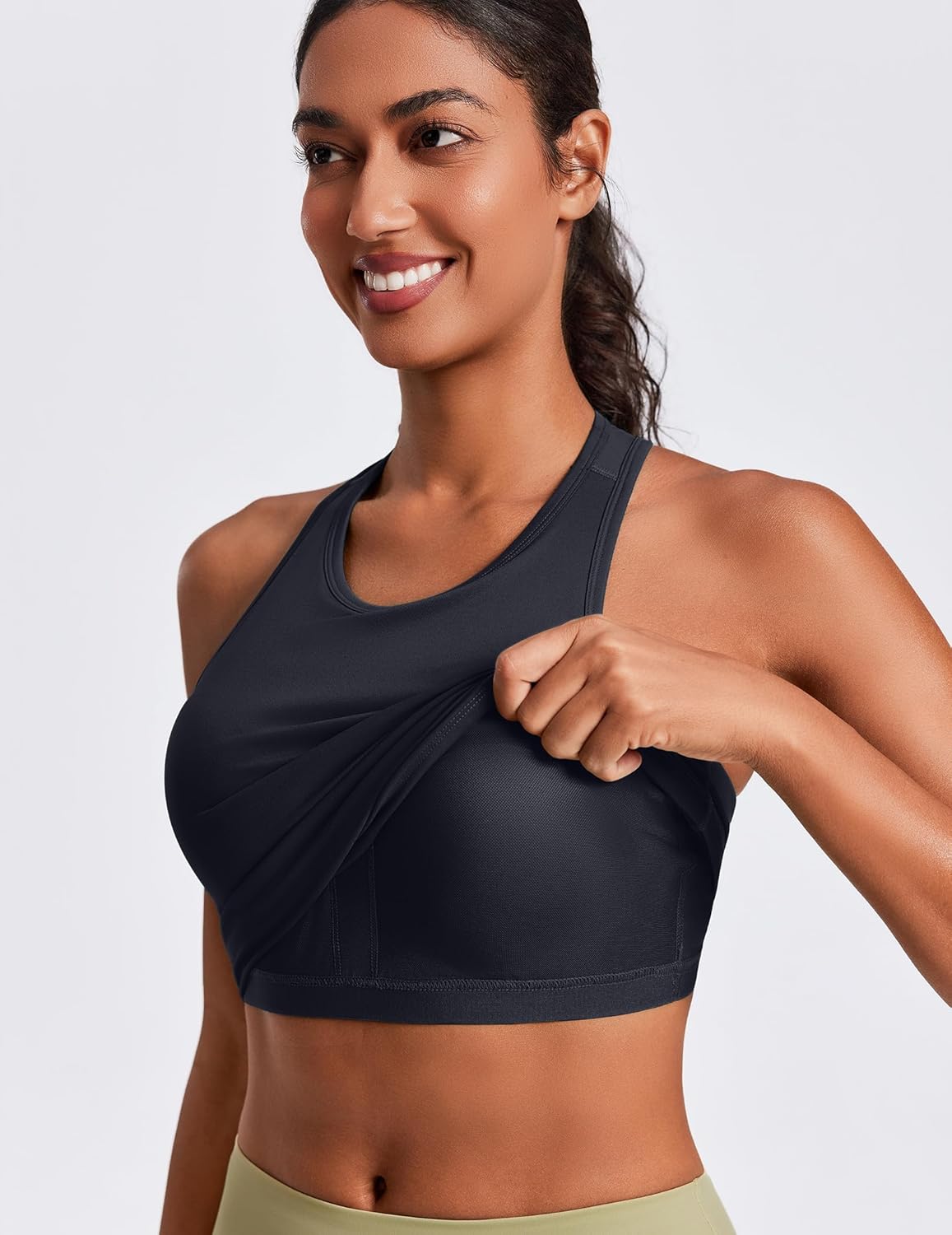 PINSPARK Workout Tops for Women - Racerback Tank with Built-In Bra | Padded Yoga Shirt in Waist Length