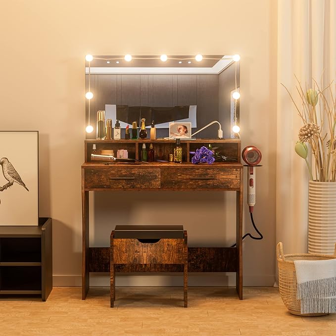 Makeup Vanity with Lighted Mirror & Power Outlet, Makeup Table Vanity Set with 3 Lighting Colors, Brightness Adjustable, Brown