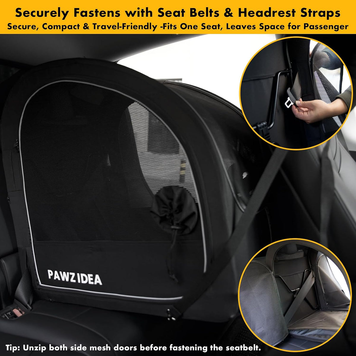 PAWZIDEA Portable Dog Crate for Car Travel, Collapsible Pet Travel Crates for Medium & Large Dogs, Enclosed Soft-Sided Car Kennel Carrier for Backseat, Secures w/Seatbelt & Headrest Strap, Chew-Proof