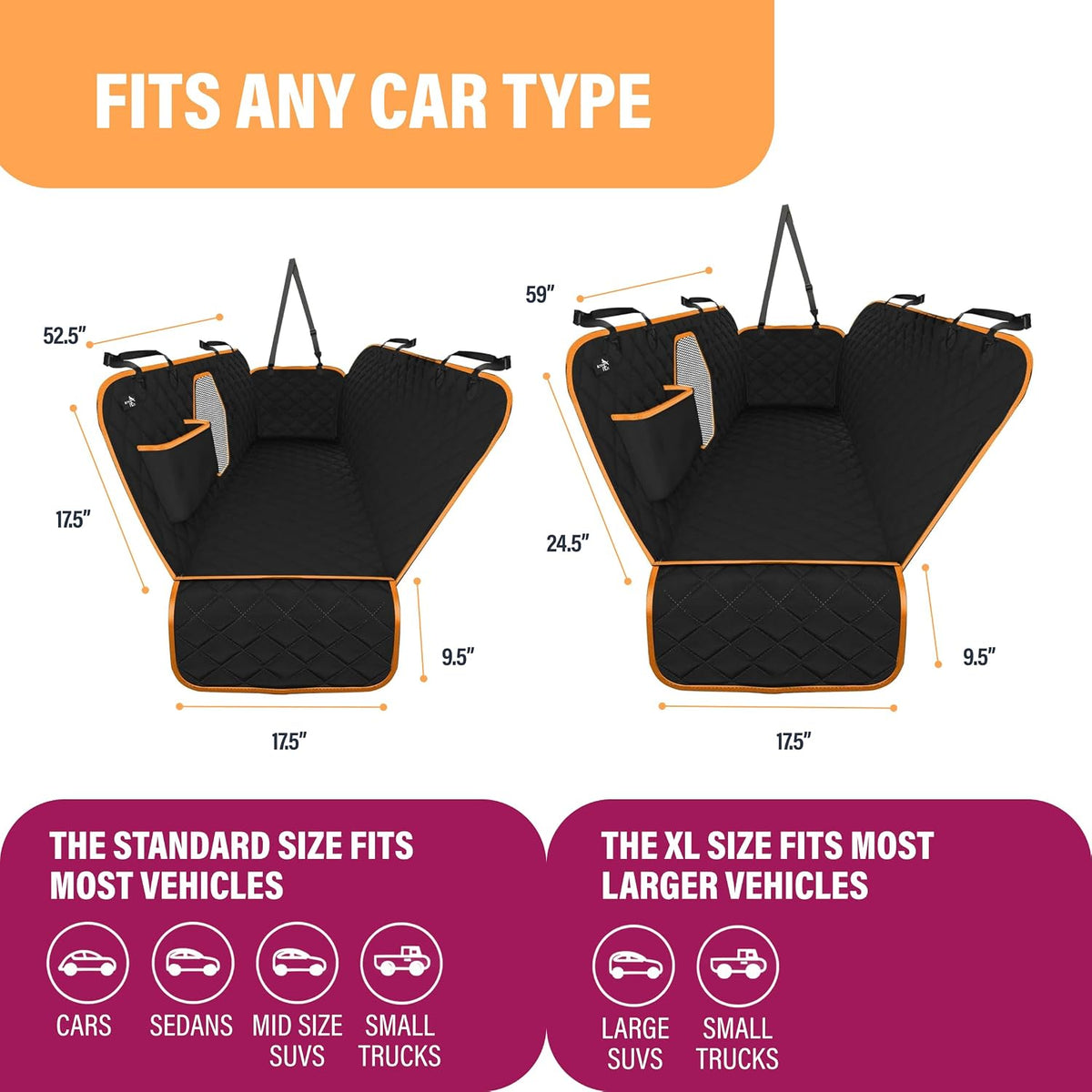 Active Pets Dog Car Seat Cover for Back Seat, Waterproof Pet Protection Hammock, SUV Truck Car Backseat Protector with Safety Features, XL, Orange