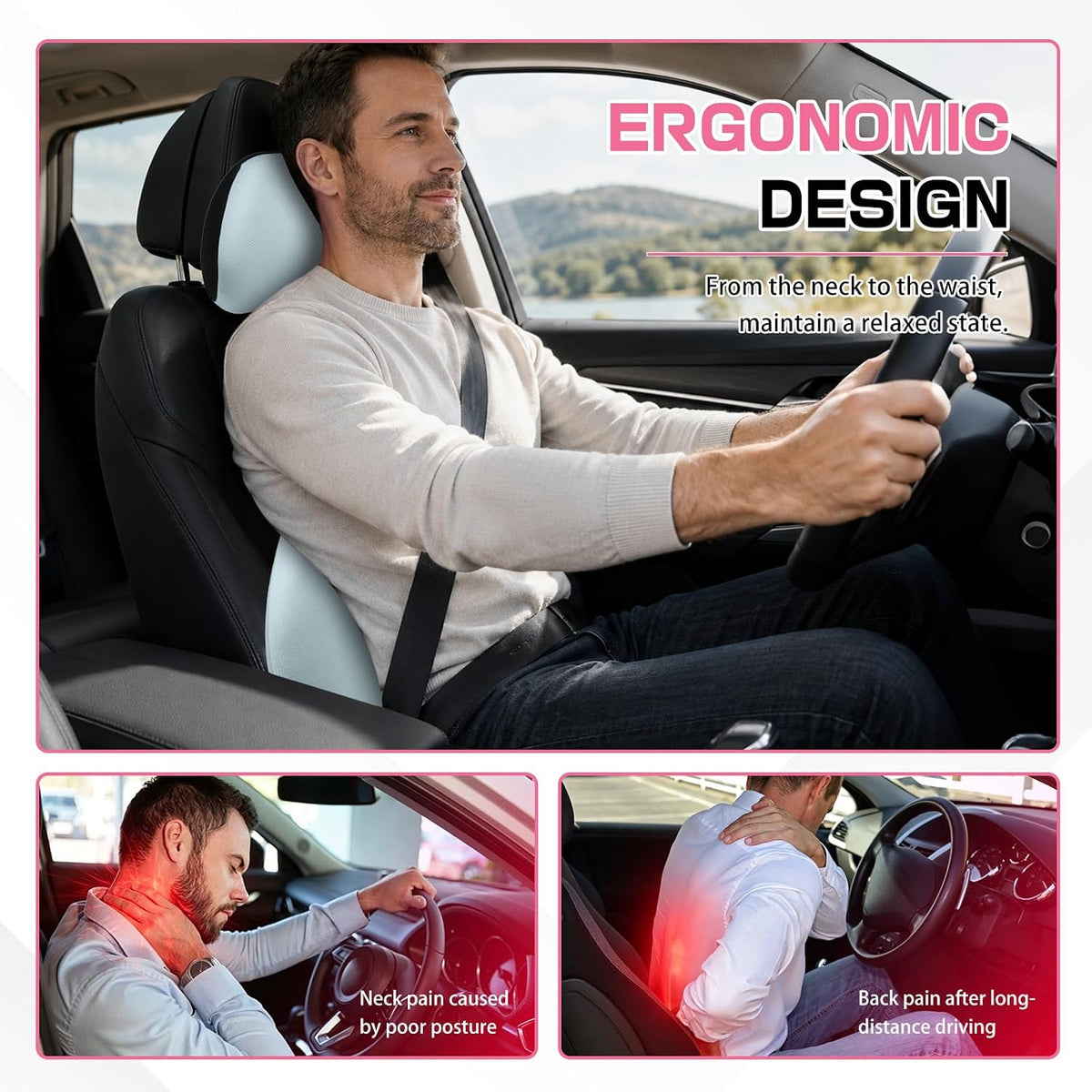 2PCS Car Neck Pillow and Lumbar Support Pillow Set, Ergonomic Memory Foam Back & Neck Support Pillows for Car Seat, Office Chair, Driver Head & Back Cushion and Pain Relief (Blue)