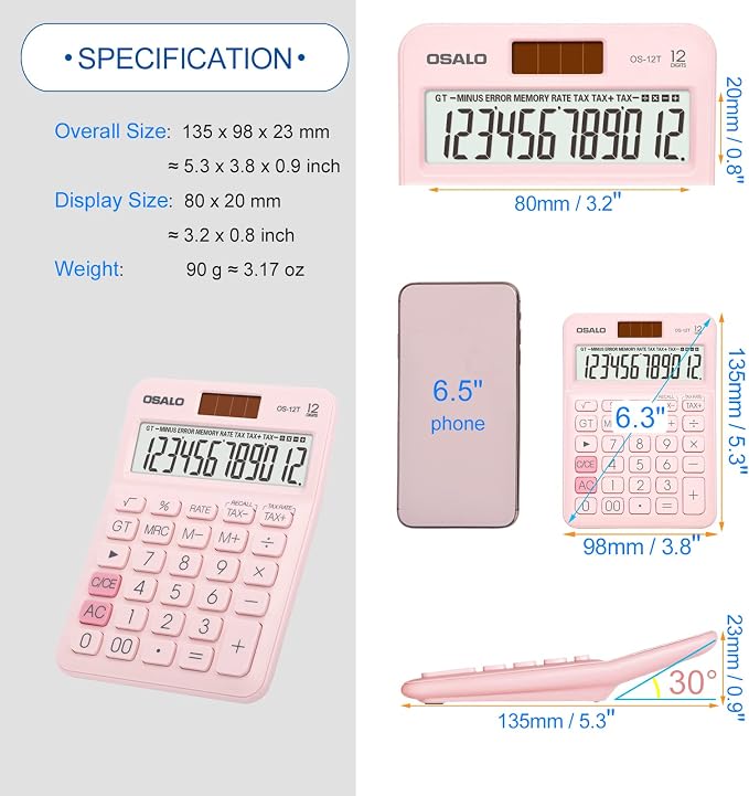 Pocket Small Size Desk Calculator, 12 Digit Large LCD Display, Basic Tax