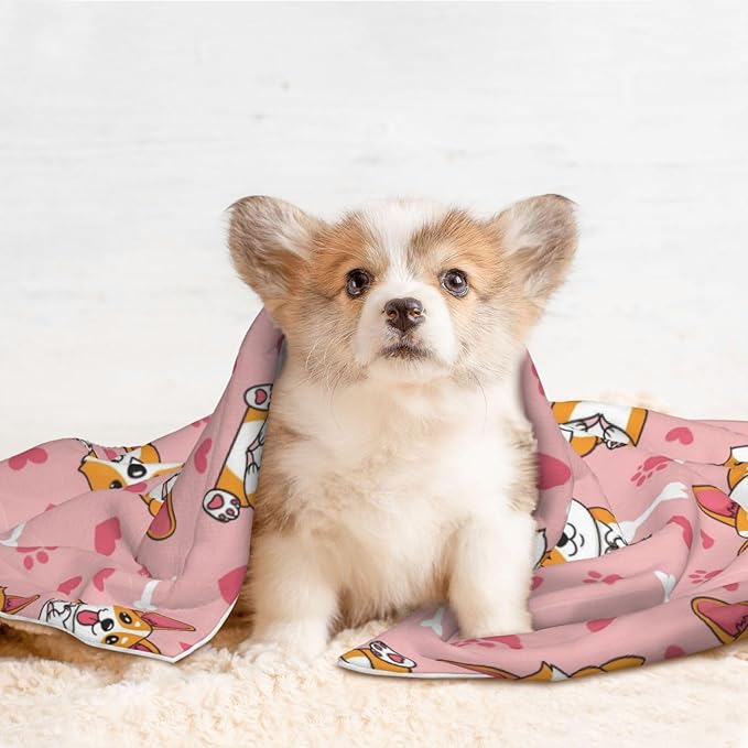 Pet Blanket for Travel and Home, Cute Happy Corgi Dog, Reversible Plush Dot Design with Soft Grip Texture on One Side Perfect for Car Seats Moving Vehicles