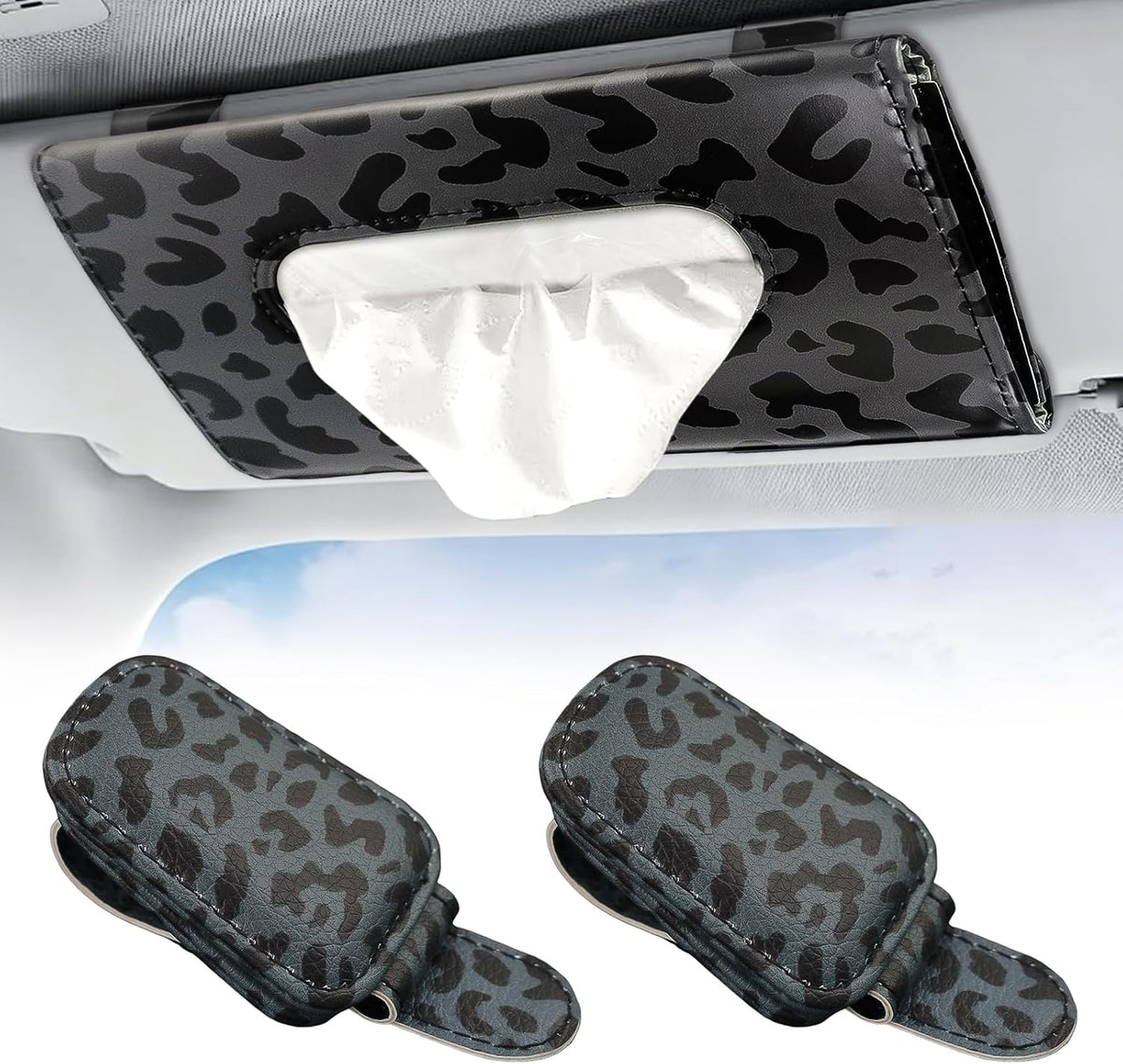 2 Pcs Sunglass Holder and 1Pcs Car Tissue Holder for Car, Magnetic Leather Sunglasses Holder Car Sun Visor Glasses Hanger Clip,Car Interior Accessories for Women(Black Leopard Print)