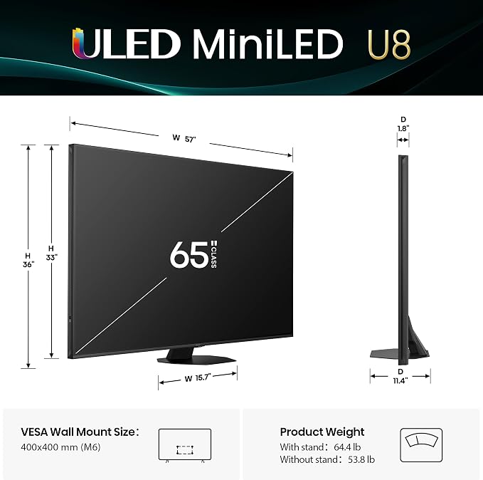 Hisense 65" U8 Series ULED Mini-LED 4K UHD Smart Google TV (65U8QG) - QLED, Native 165Hz, VRR 288, Up to LD5600, 5000 Nits, HDR10+, Dolby Vision IQ · Atmos, IMAX Enhanced, 4.1.2 Ch Audio