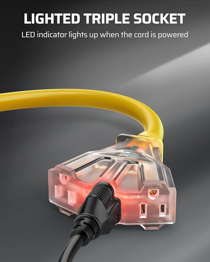 DEWENWILS 24 Inches 12/3 Gauge Indoor Tri-Tap Extension Cord Splitter, SJTW 15 Amp Yellow Outer Jacket Contractor Grade Heavy Duty Power Cable with LED Lighted Plug, ETL Listed, Pack of 3