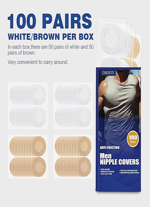 CISOOTI 100 Pairs (200 Pieces) Men's Sports Nipple Cover, Nipple Covers for Running Men No Show Protection Men,Nipple Tape Guards for Runners,Anti Chafing Marathon Use- Beige White