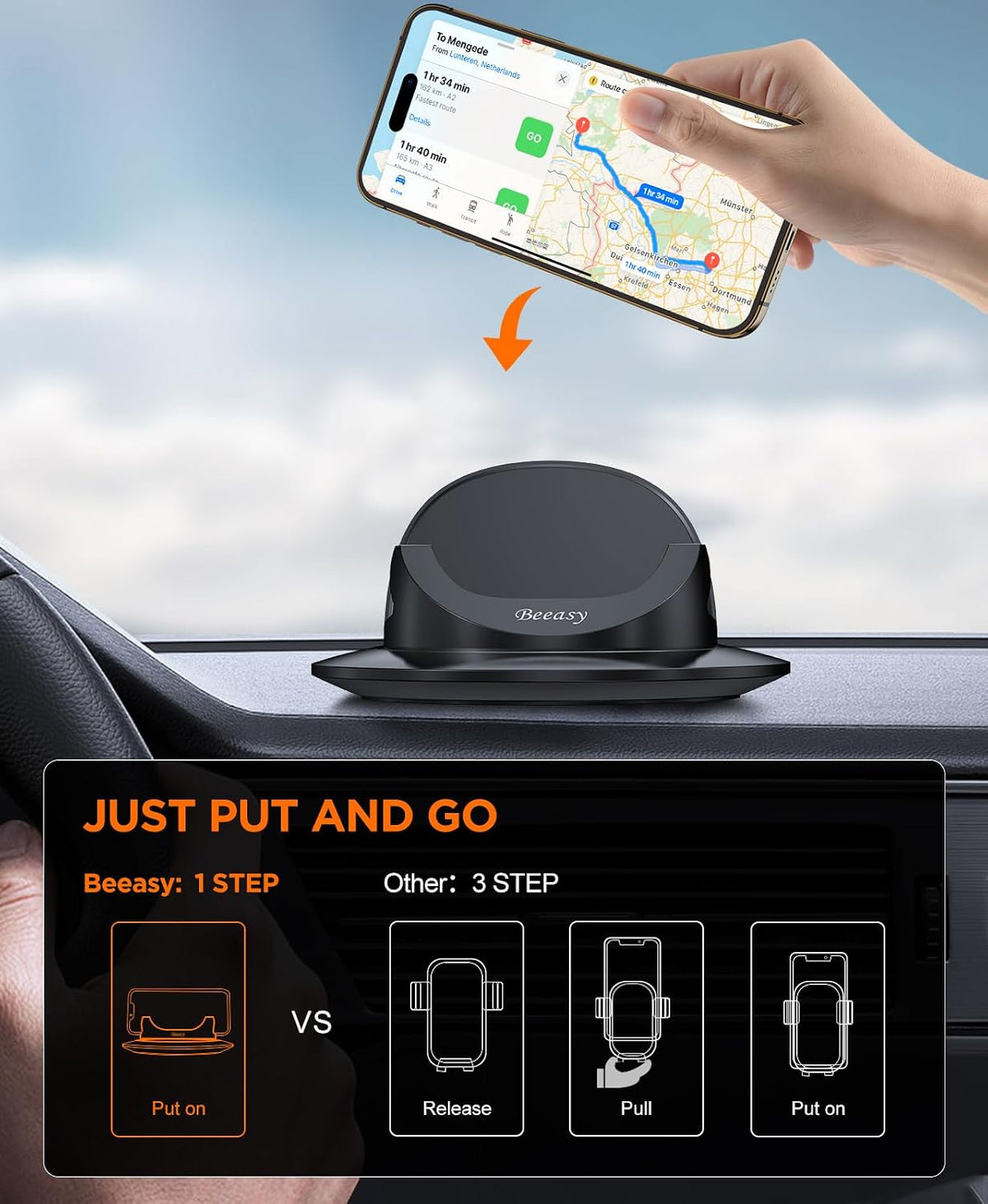 Beeasy Car Phone Holder Mount, 360° Rotation Dashboard Phone Holder, Silicone Non-Slip Cell Phone Car Mount, Universal for iPhone 17/16 Pro Max, Samsung, Google Pixel, All Smartphones & GPS