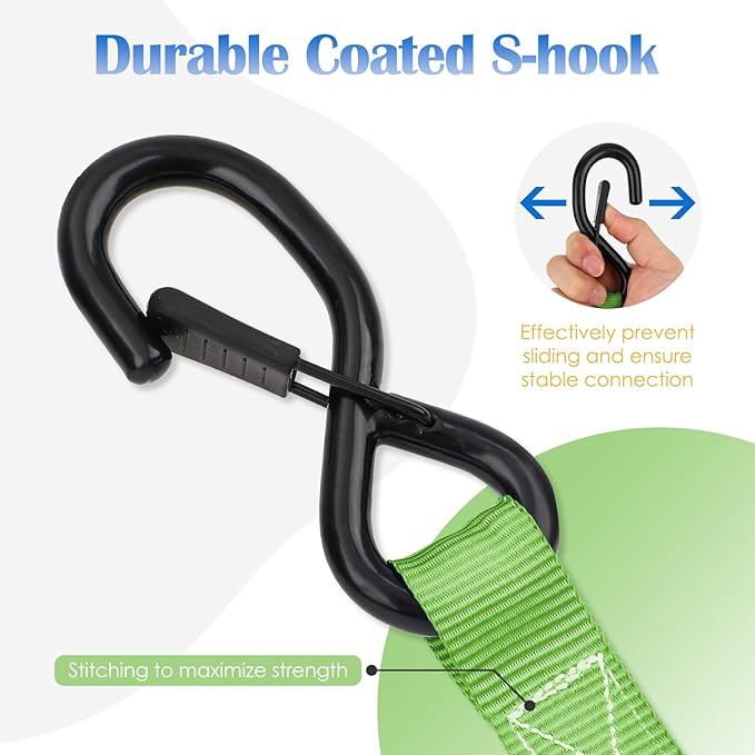 Ratchet Straps 4 Pack - 1,826 Lbs Break Strength 1 in x 15 Ft Medium Duty Ratchet Tie Down Straps with S Hooks Set for Truck, Cargo Van, Trailer, Motorcycle (Green)