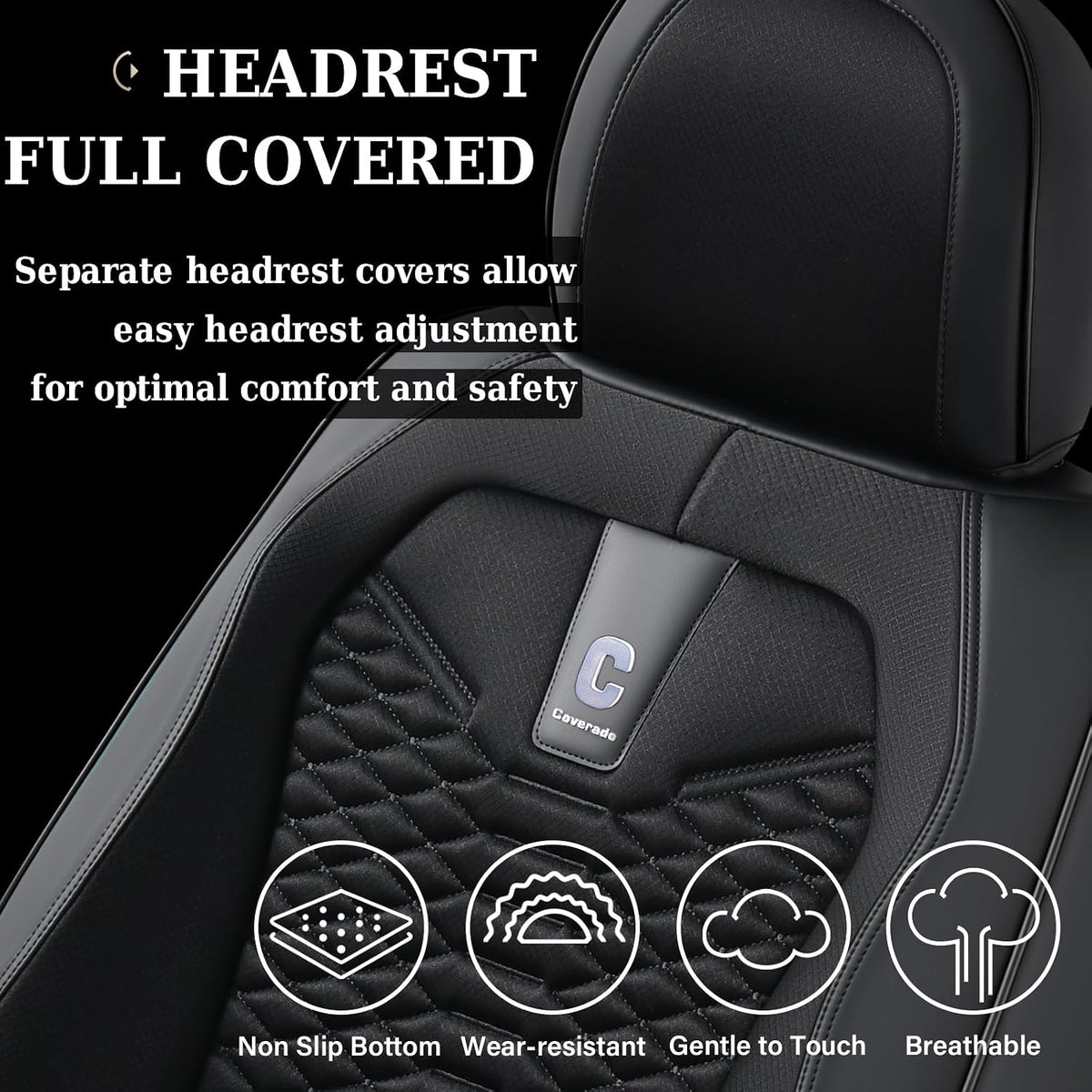 Coverado Car Seat Covers Full Set, 5 Seats Universal Seat Covers for Cars, Breathable Fabric& Faux Leather Auto Seat Cushions, Front and Rear Seat Protectors Fit for Most Sedans SUV Truck, Black