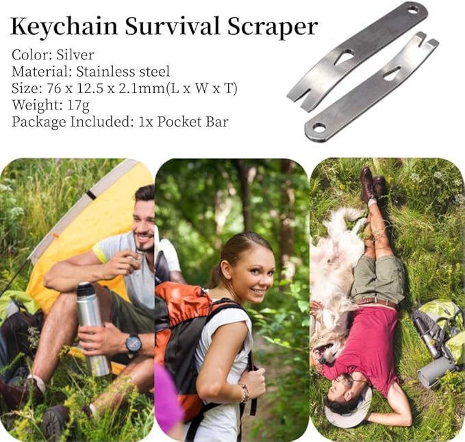 Yosoo 2pcs Stainless Steel Pocket Bar, EDC Gear Mini 3inch Crank Crowbar, Pocket Pry Bar Keychain Keyring, Multi Tool Survival Scraper Opener, Size: 76 x 12.5 x 2.1mm(L x W x T)