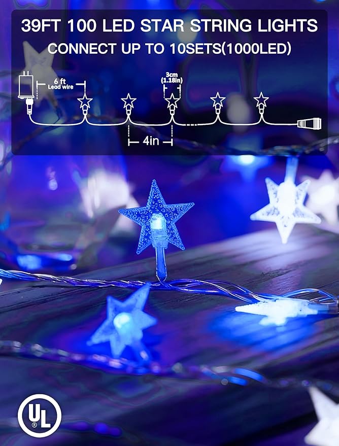 Star String Lights Plug in,33ft 100LED Fairy Lights with Remote, Hanging Star Decorations Lights Waterproof for Indoor Outdoor Bedroom Classroom Dorm Kids Tent Party Decor,Blue White