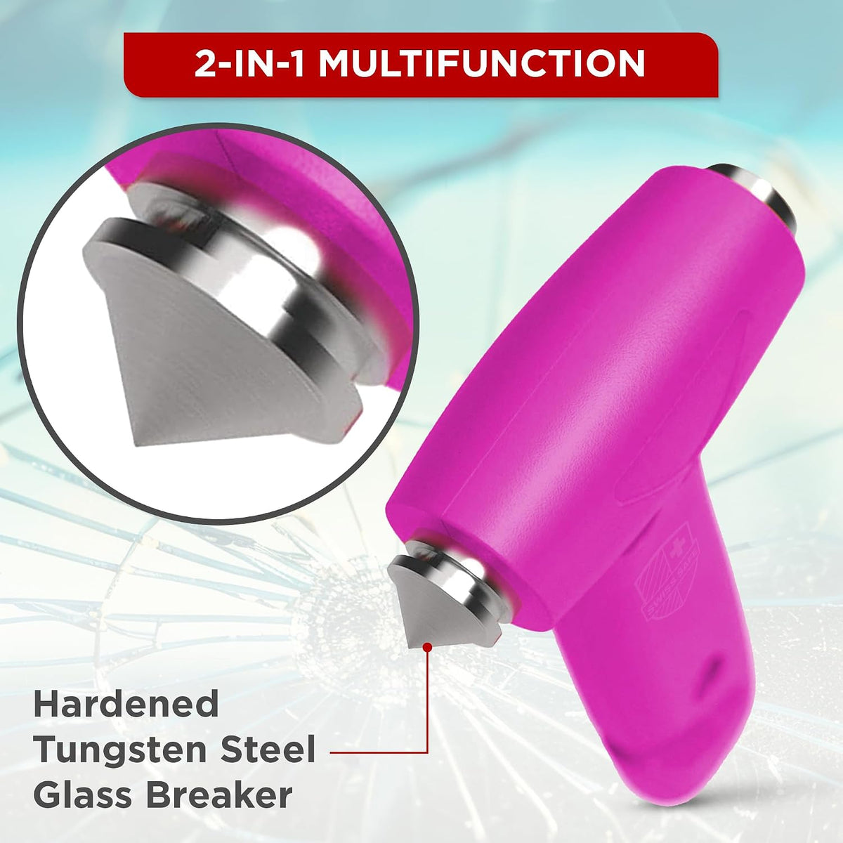 Swiss Safe 5-in-1 Emergency Car Safety Hammer – Car Window Breaker &amp; Seatbelt Cutter, Heavy-Duty Escape Tool for Vehicle Emergencies and Auto Kits – Pink, 1 Pack