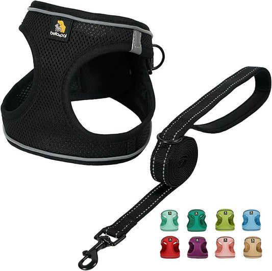 BELLA & PAL Step in Vest Harness for Small and Medium Dogs, No Pull Small Dog Harness with Leash Set, Comfortable Air Mesh Dog Vest Harness with Reflective Strip (Deep Black, M)