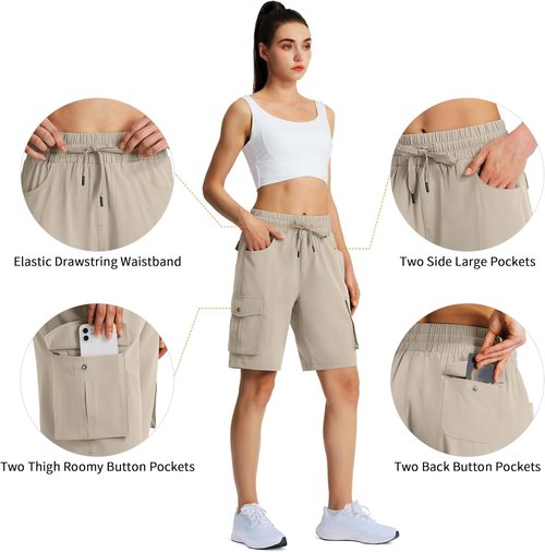 Hugut Women's Hiking Cargo Shorts - Quick Dry Lightweight Summer Shorts with 6 Pockets | Ideal for Camping & Travel