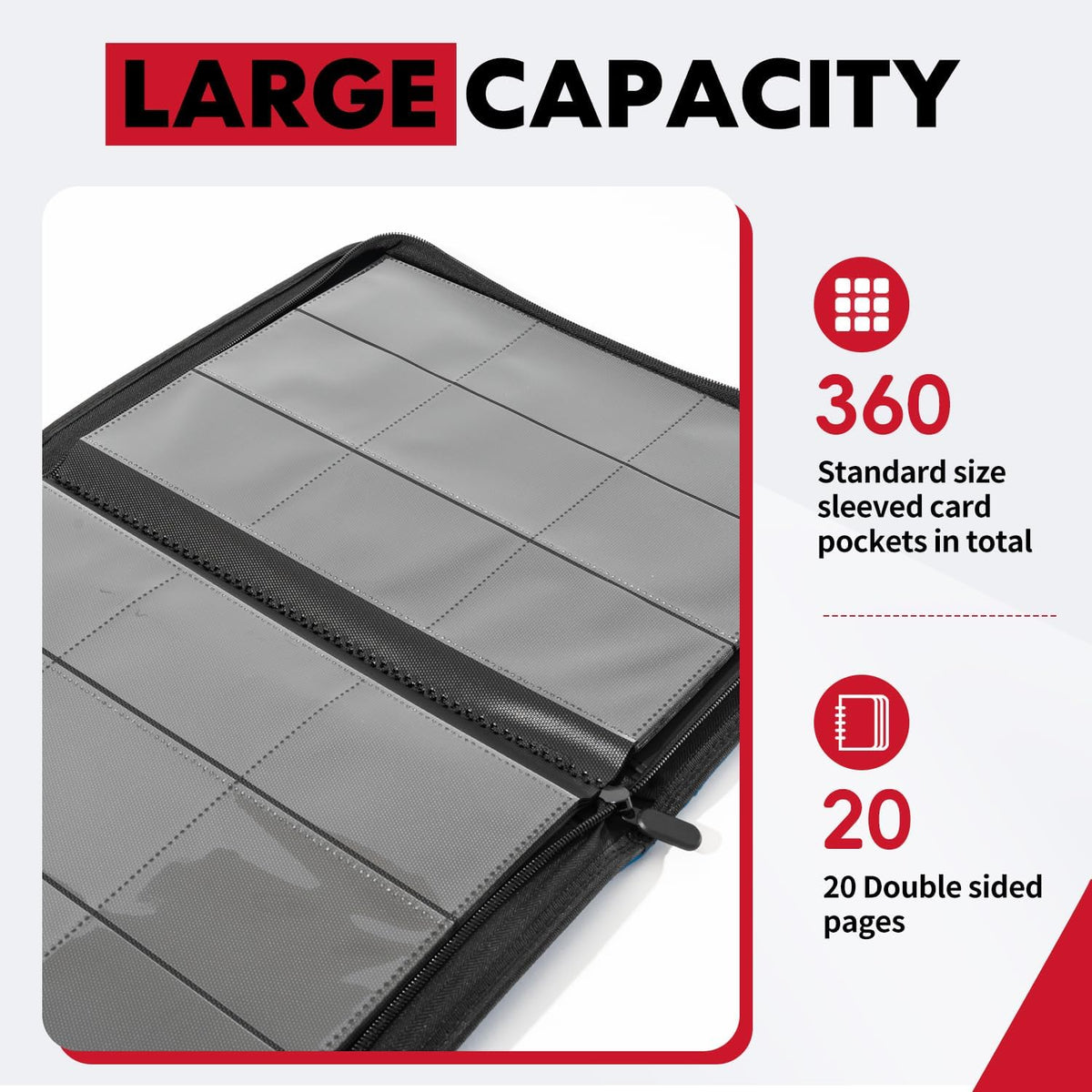 Trading Card Binder - 9 Pocket Album with Zipper | 360 Side Loading PU Cover for TCG & Sports Cards (Red)