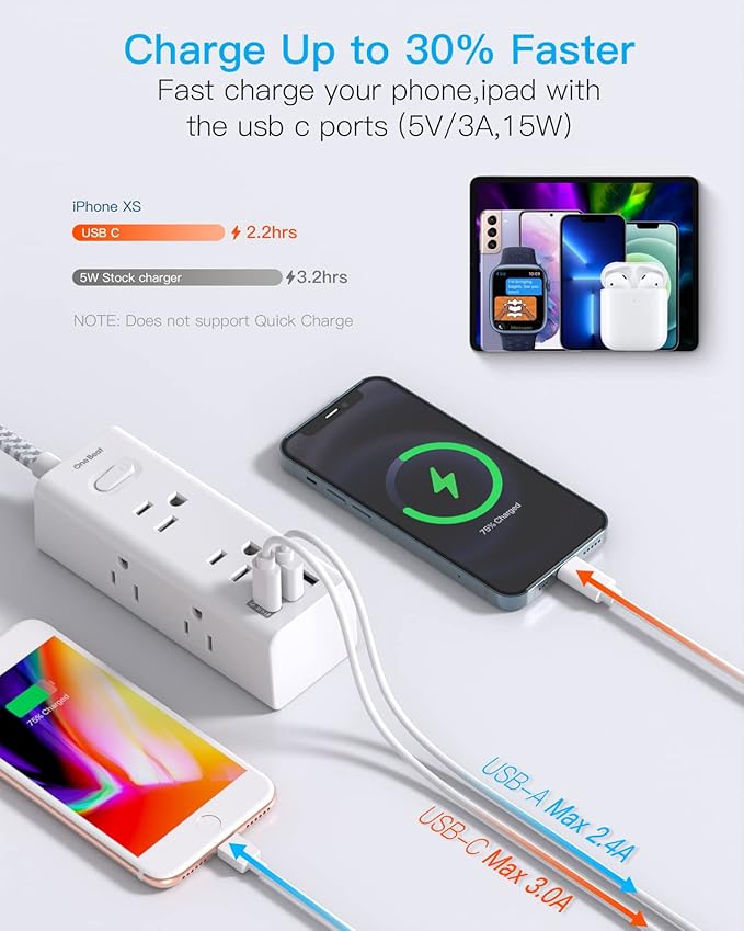 25 Ft Extension Cord with Multiple Outlets - One Beat Flat Plug Power Strip Surge Protector with 25 Ft Long Cord, 6 Outlet 3 USB Ports (1 USBC), Multi Outlet Wall Plug Home Office Dorm Room Essentials