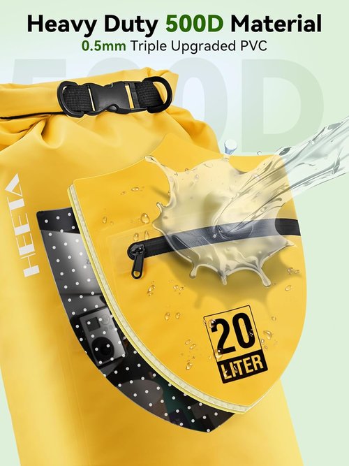 HEETA Waterproof Dry Bag - Lightweight Roll Top with Front Zippered Pocket | 5L/10L/20L/30L/40L for Travel, Kayaking & Camping