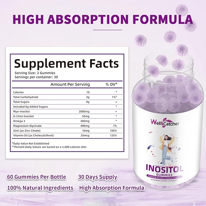 Inositol Gummies Myo-Inositol & D-Chiro Inositol Ideal 40:1 Ratio Inositol Supplement with Omega-3 Vitamin D3 Supports Healthy Ovulation Cycle Regularity Grape Flavor 2 Packs