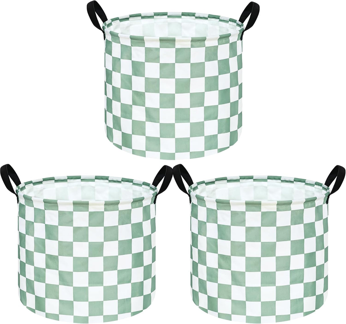 MAIZMZ 3 Pack Sage Checkered Storage Baskets Kids Hamper, 15.7"D x13.3"H, Waterproof Lining, Leather Handles, Collapsible for Laundry, Toys, Clothes, Gift Set