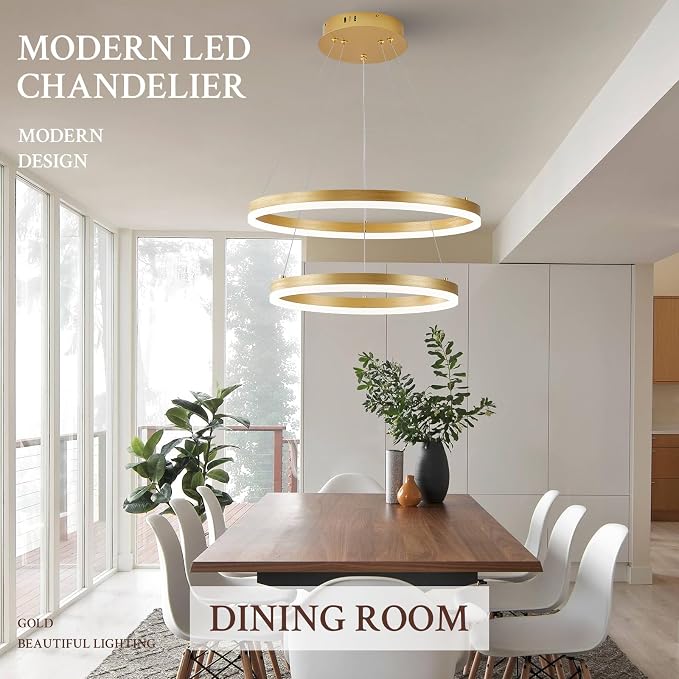 Modern LED Chandelier Gold 2-Rings Pendant Light Circular Flush Mount Ceiling