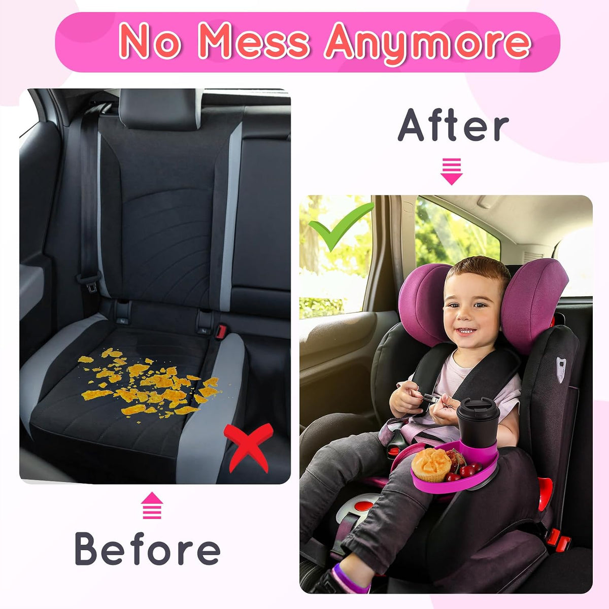 Car Seat Snack Tray Cup Holder 2.5-2.8in Travel Table Road Trip