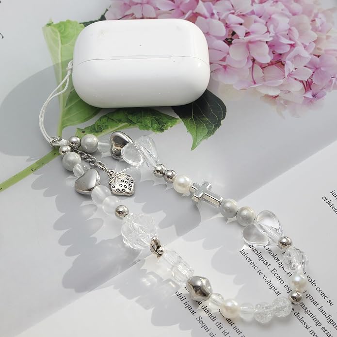 CMVFYL Beaded Camera Wrist Strap, Cute Phone Charms Strap, Pearl Bracelet Wrist