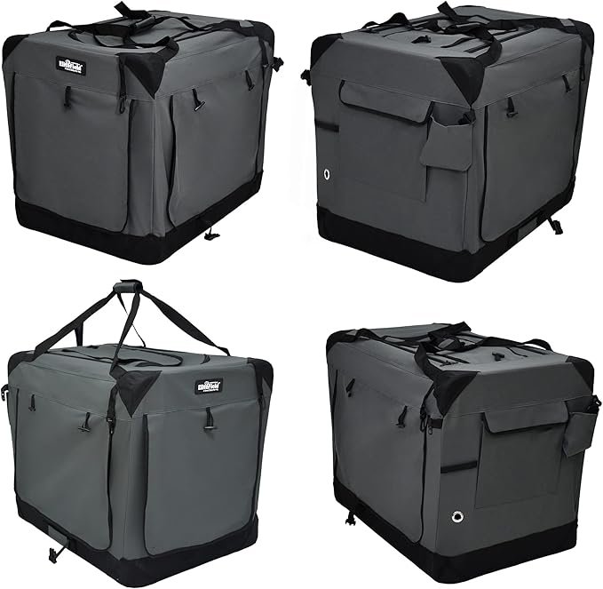 EliteField 4-Door Folding Soft Dog Crate with Curtains, Carrying Bag and Fleece Bed (2 Year Warranty), Indoor & Outdoor Pet Home (24" L x 18" W x 21" H, Gray+4 Door Curtains)
