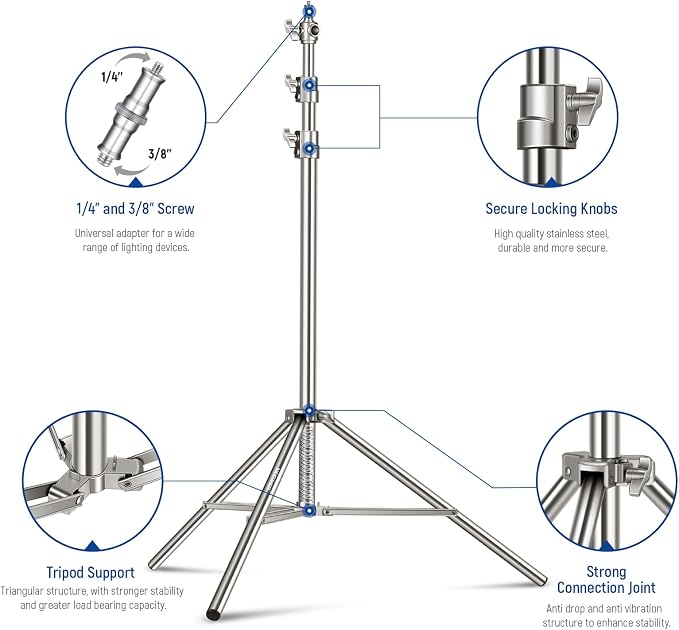 NEEWER 7.2ft/2.2m Stainless Steel Light Stand, Spring Cushioned Heavy Duty