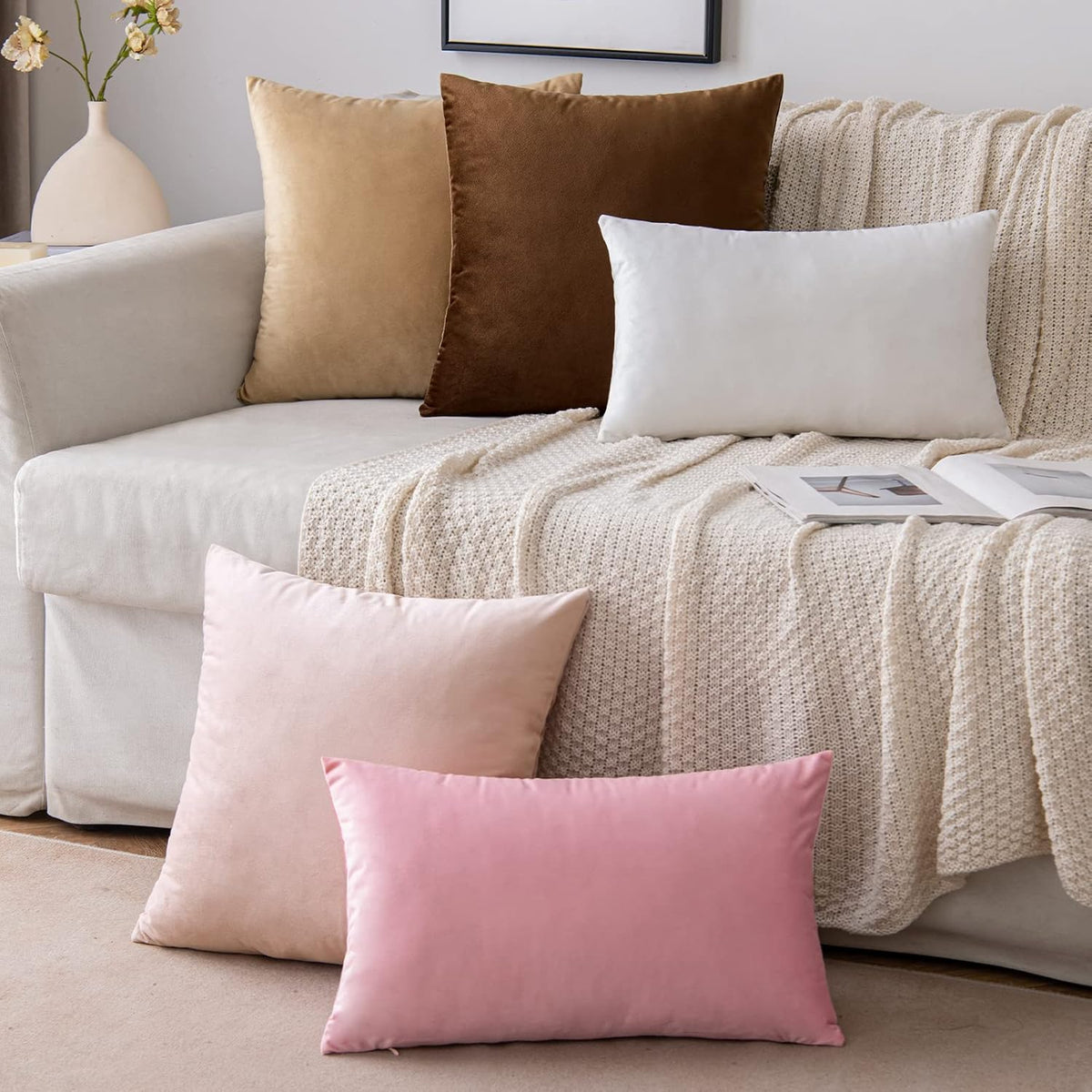 EMEMA Pack of 2 Velvet Pillow Covers Decorative Square Pillowcase Soft Solid Cushion Case for Sofa Bedroom Car 16x16 Inch Pink