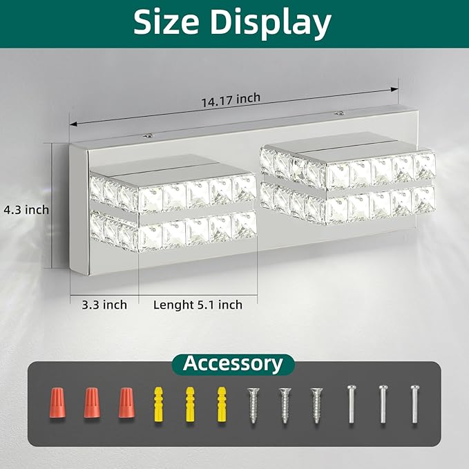 OKELI Crystal Bathroom Lighting Fixtures Over Mirror 2 Light Chrome Vanity Light Modern Vanity Wall Light for Washbasin, Dressing Table, 18W, Dimmable Cold White