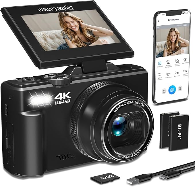 4K Digital Camera for Photography, 64MP HD WiFi Vlogging Camera for YouTube
