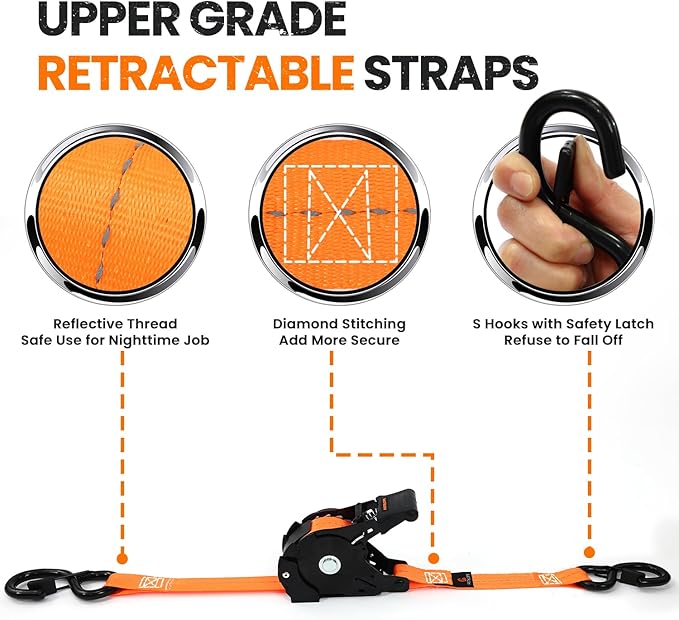 Retractable Ratchet Straps 1 in x 12 ft, 4-Pack Auto Retract Tie Down Straps, 1500lb Break Strength AutoRetract Self Retracting for Motorcycle, Truck, Cargo, Trailer, ATV, UTV -Orange