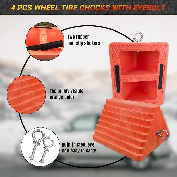 HOXWELL Premium 4 pcs Heavy Duty Wheel Tire Chocks, Vehicle Chocks with Eyebolt for Travel Trailers, Camper, Truck, Car and ATV 4 Pack, Orange