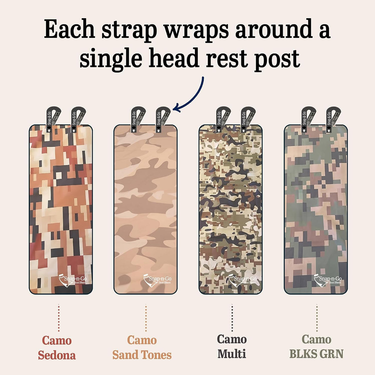 Camo Car Seat Towel Cover for Outdoor Hiking Hunting Pets | Snap-n-Go Seat Sheet® Universal Fit on headrest posts, Washable, Quick-Dry Sweat Protector for Truck SUV Car Interior Protection, Camo Multi