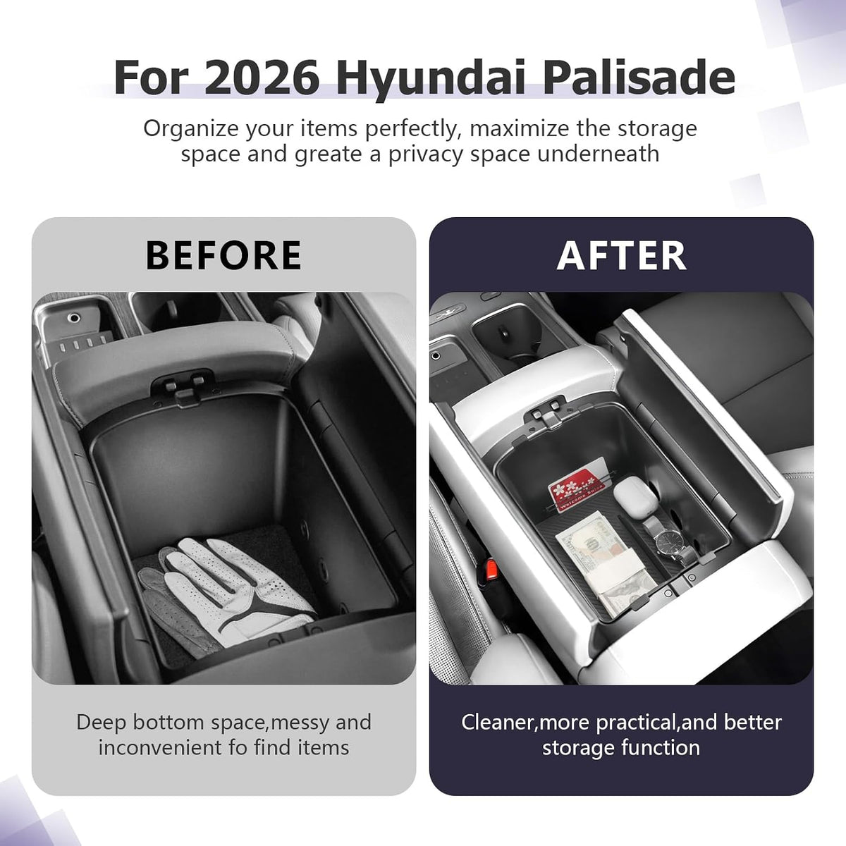 LUWU 2026 Palisade Center Console Organizer Compatible with 2026 Hyundai Palisade Accessories Armrest Console Organizer Lower Armrest Insert Tray Palisade LX3 2026 Accessories Black (Only for 7-Seat)