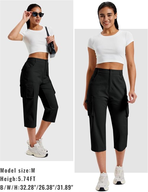MoFiz Women's Cargo Capris - Lightweight Cotton Pants with Button Pockets | Perfect for Summer Hiking