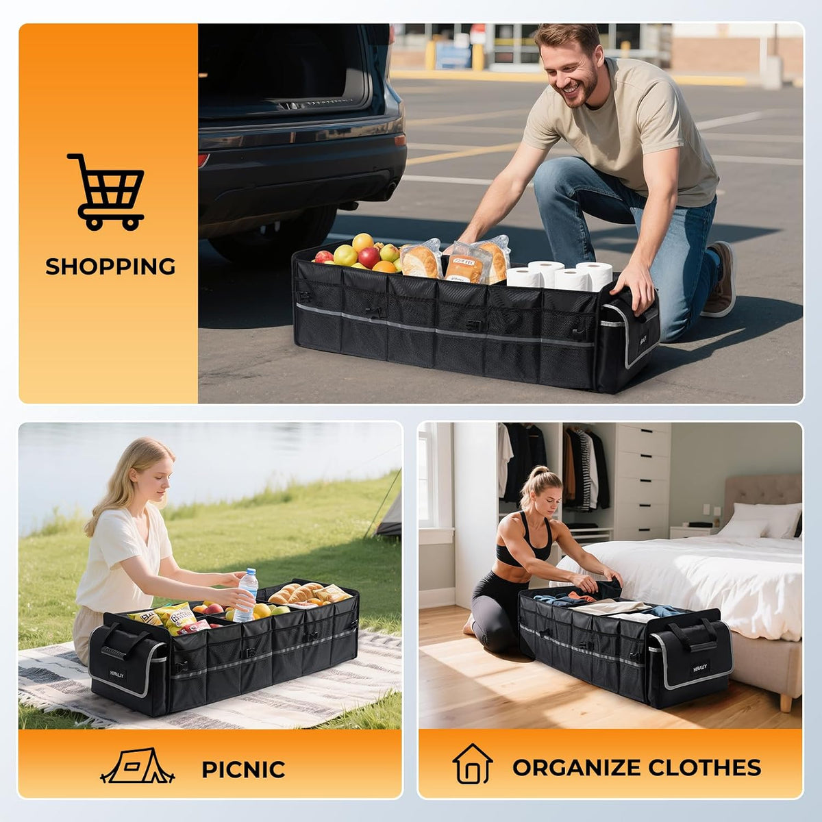 HIRALIY 4 in 1 Car Trunk Storage Organizer with Leakproof Cooler Bag, Made of 1680D Oxford and PP board, Multi-Compartment Foldable Trunk Storage Box for Car Truck SUV
