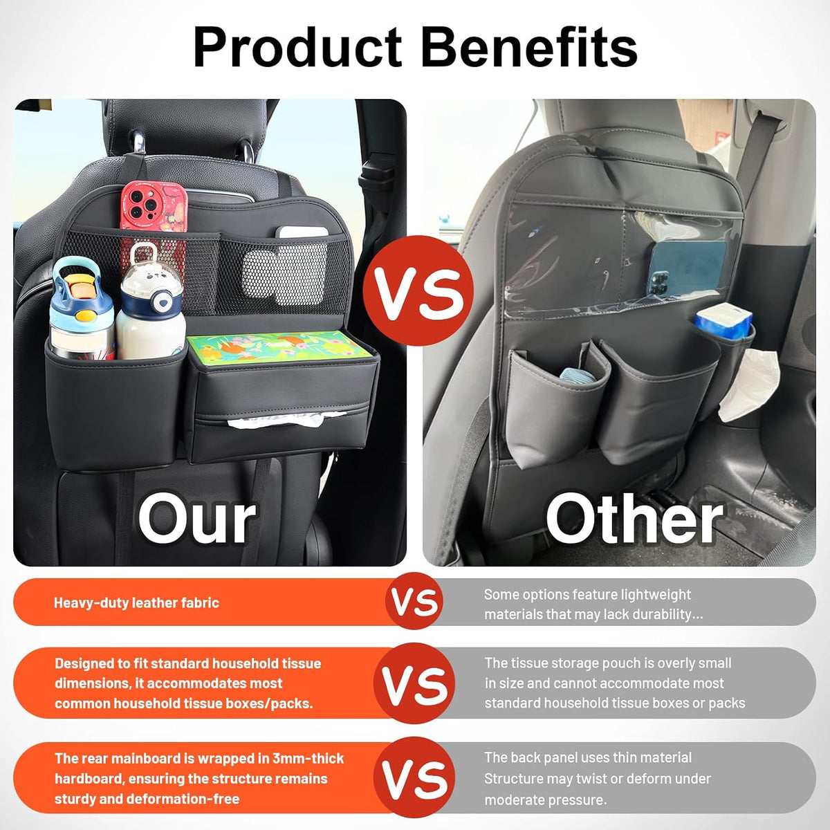 PU Leather Premium Car Headrest Back Seat Cup Holder, Multifunctional Seat Back Organizer with Tissue Holder Storage Pockets & Hooks (Black)