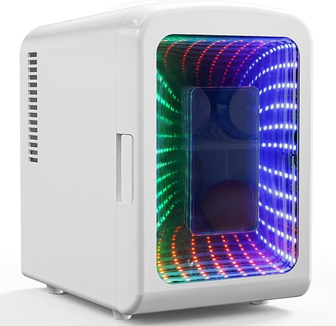 Antarctic Star Mini Compact Refrigerator with Gaming Light, 4L Capacity/6 Cans Portable Mini Fridge, for Bedroom,Car,Office and Dorm, Small Cooler for Cosmetics, Beverage and Food, White