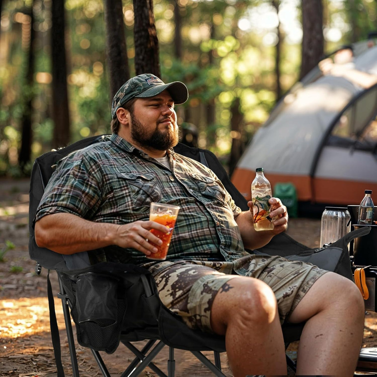 Overmont Oversized XL Camping Chair - Heavy-Duty 400lbs Support with Padded Comfort & Side Pocket | Black