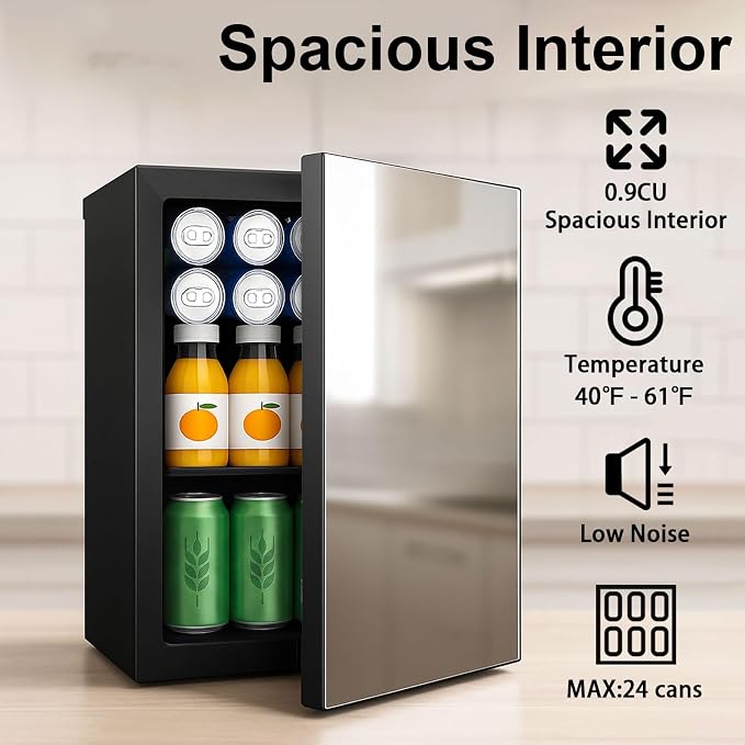 7 Temp Control 24 Can Mini Fridge, 0.95 Cu.Ft Beverage Cooler | for Soda, Beer, Wine, Beauty Products, Mirrored Door Compact Refrigerator for Bedroom, Dorm, Office, Storage