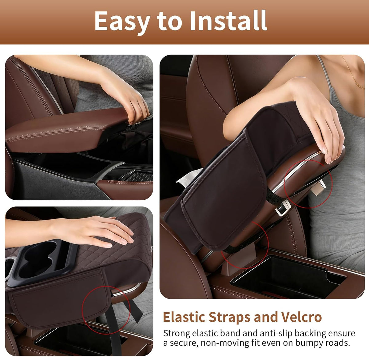 5-in-1 Car Armrest Cushion with Storage, Memory Foam Center Console Organizer W/Cup Holders, Tissue Holder & Phone Slot, Leather Car Armrest Cover Pad, Universal for Cars SUVs Trucks, Brown