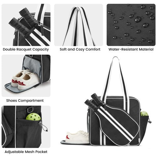 G4Free Pickleball Bag, Pickleball Tote Bag with Shoe Compartment for Women Men, Waterproof Paddle Bag with Large Capacity for Multiple sports (Black)