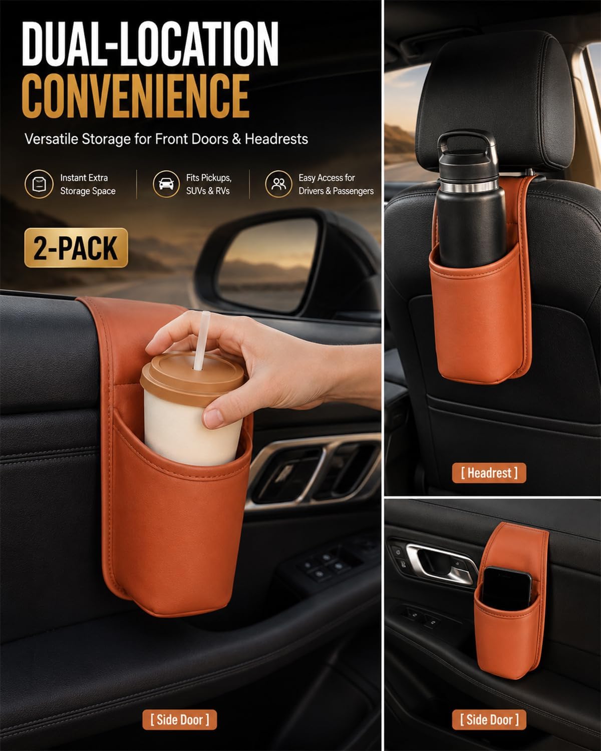 Leather Car Door Cup Holder Clip on Extra Large Drink Organizer 2 Pack