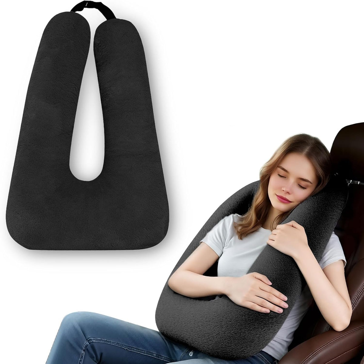Travel Pillow, Travel Pillow for Kids, Sleeper Hold Pillow Travel, Removable U-Shaped Pillow for Adults and Children to Support Head and Body in The Back Seat of Long Car Trips (Black)
